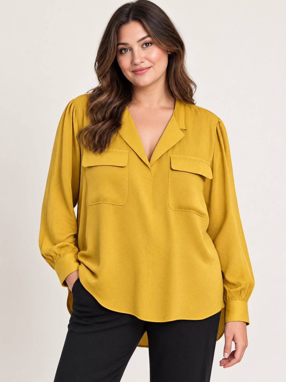 Jones New York Mustard Utility Pocket Blouse Plus 1X